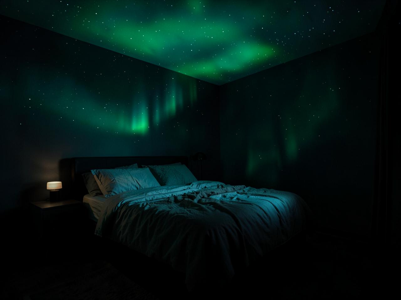 Dormitorio a oscuras con una aurora boreal verde proyectada en el techo y las paredes